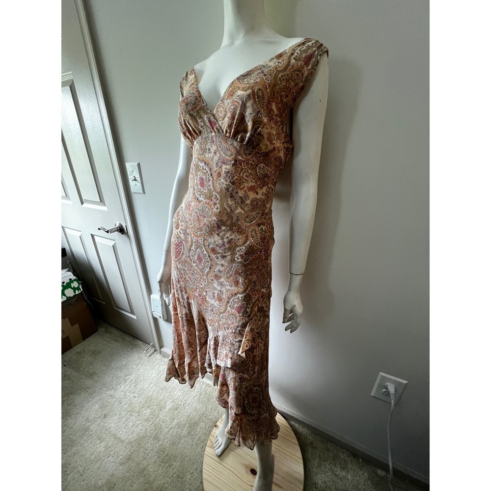 Vintage Spiegel 100% Silk Paisley Midi Dress Y2K Boho Handkerchief Ruffle - Picture 3 of 8